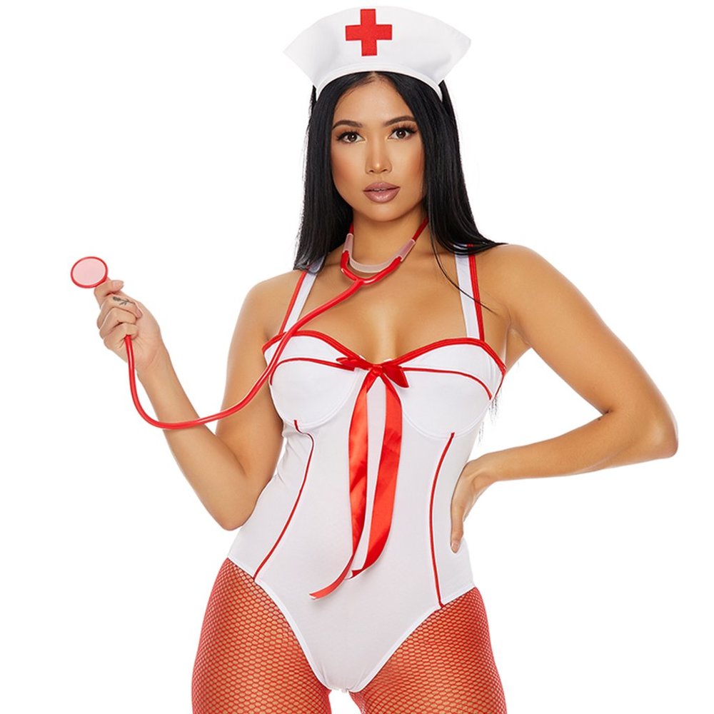 Sexy Nurse Costume Romper with Headband Hat and Stethoscope